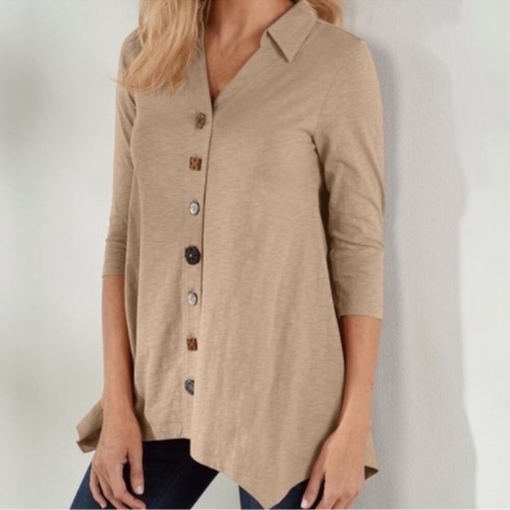 Soft Surroundings Danielle Button Tunic 3/4 Sleeve Cotton Tan Top Size M
